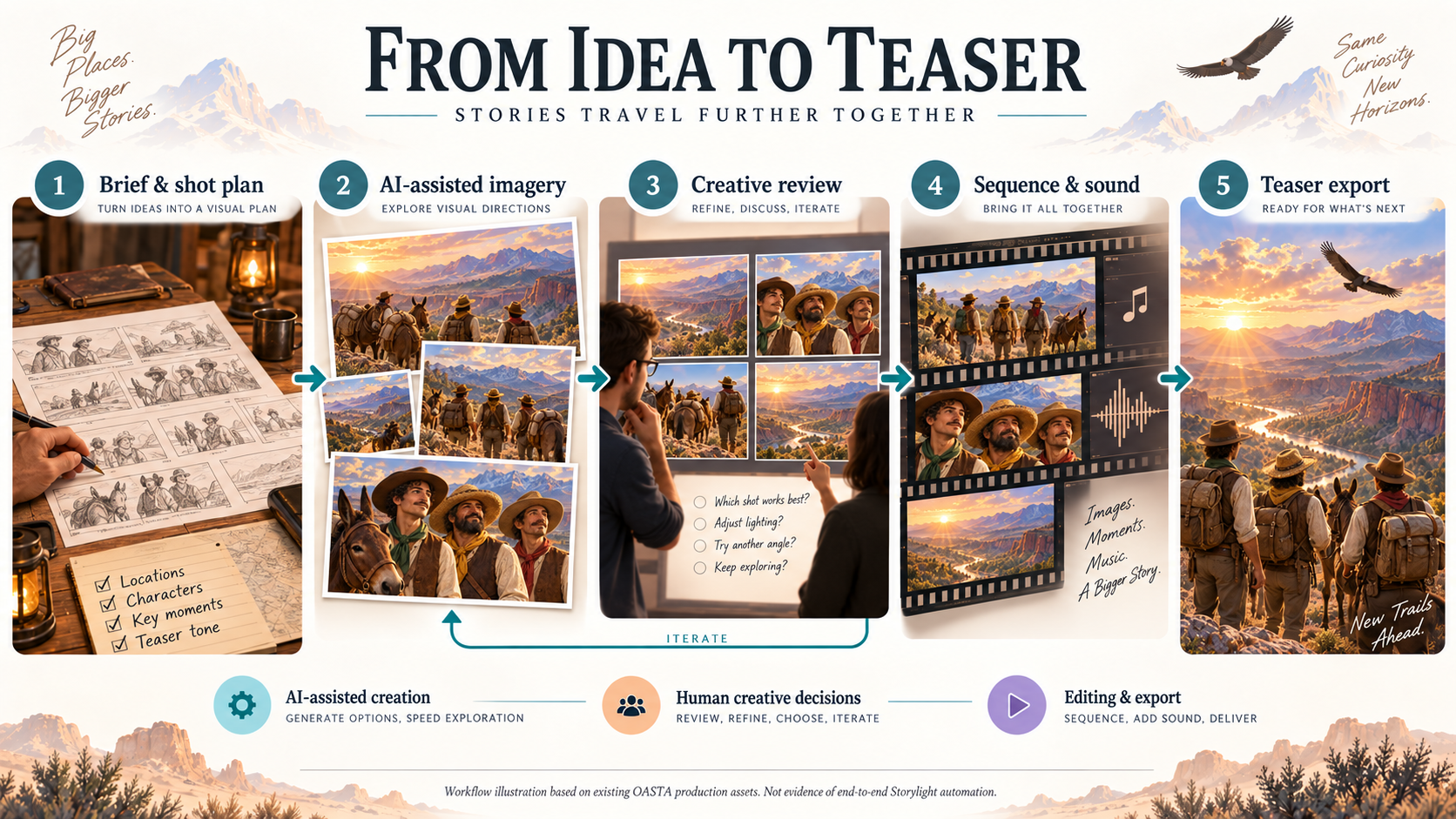 Adult OASTA travelers illustrate a five-stage creative workflow: brief, AI-assisted imagery, human review, editing and teaser export, with a revision loop.