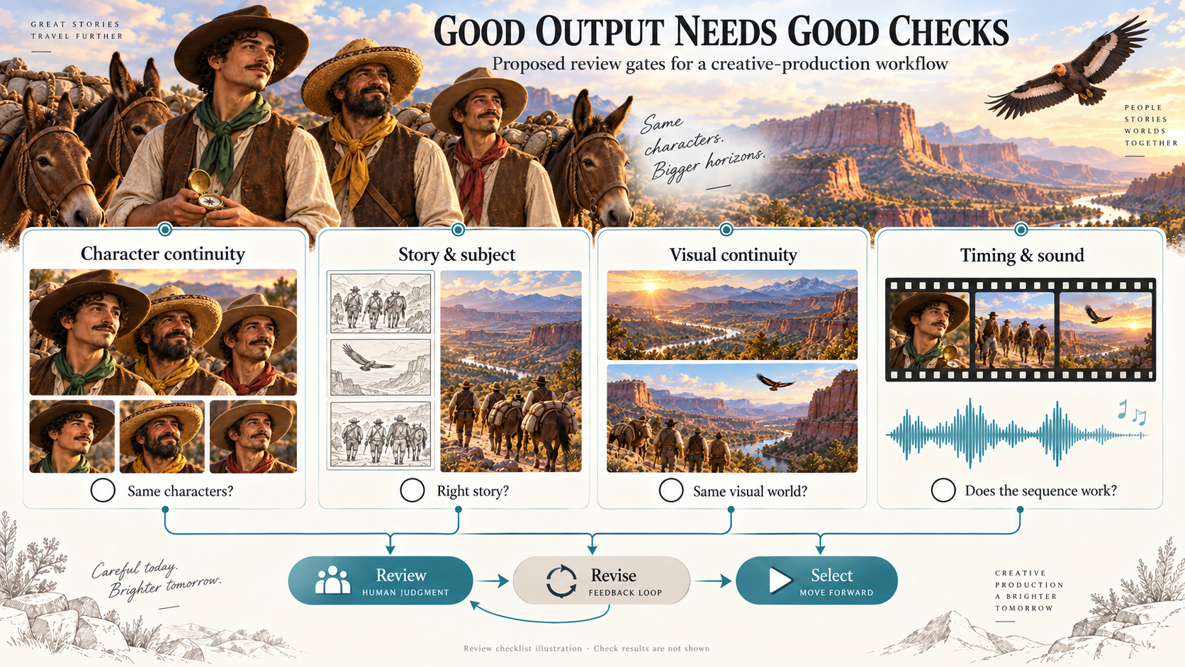 Four proposed review checkpoints illustrated with adult OASTA travelers: character continuity, story and subject, visual continuity, timing and sound.