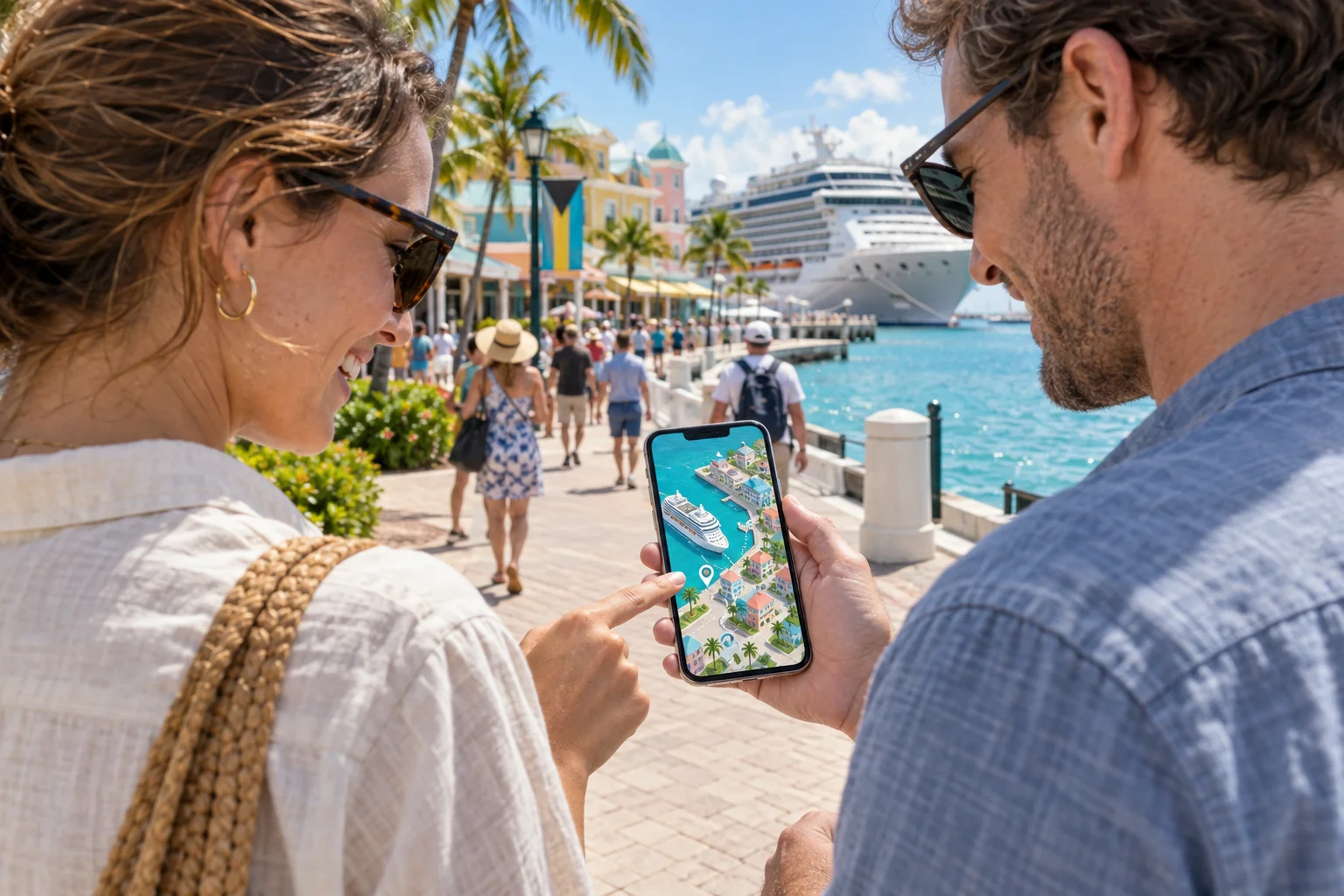 AI concept visualization of cruise visitors exploring Nassau with a 3D map on a phone.